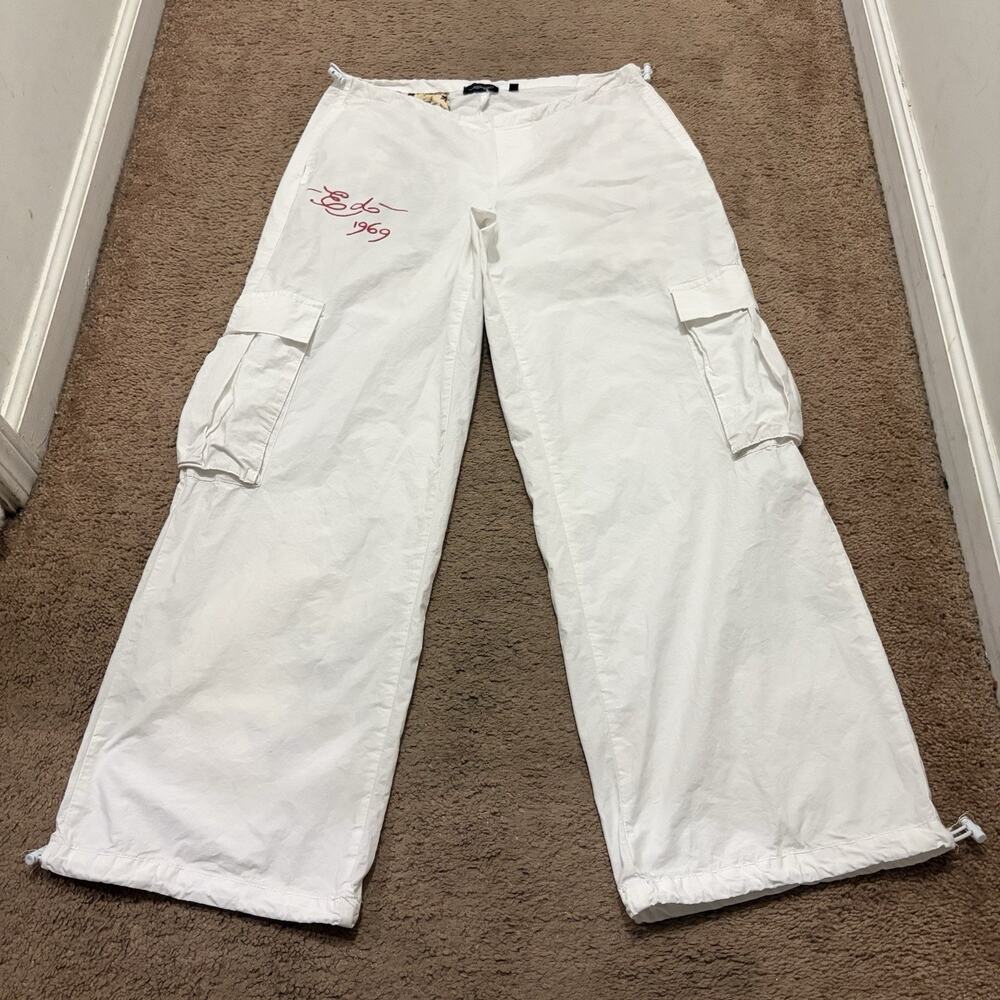 Ed Hardy White Cargo Pants Women’s Size XS Baggy Tiger Roses